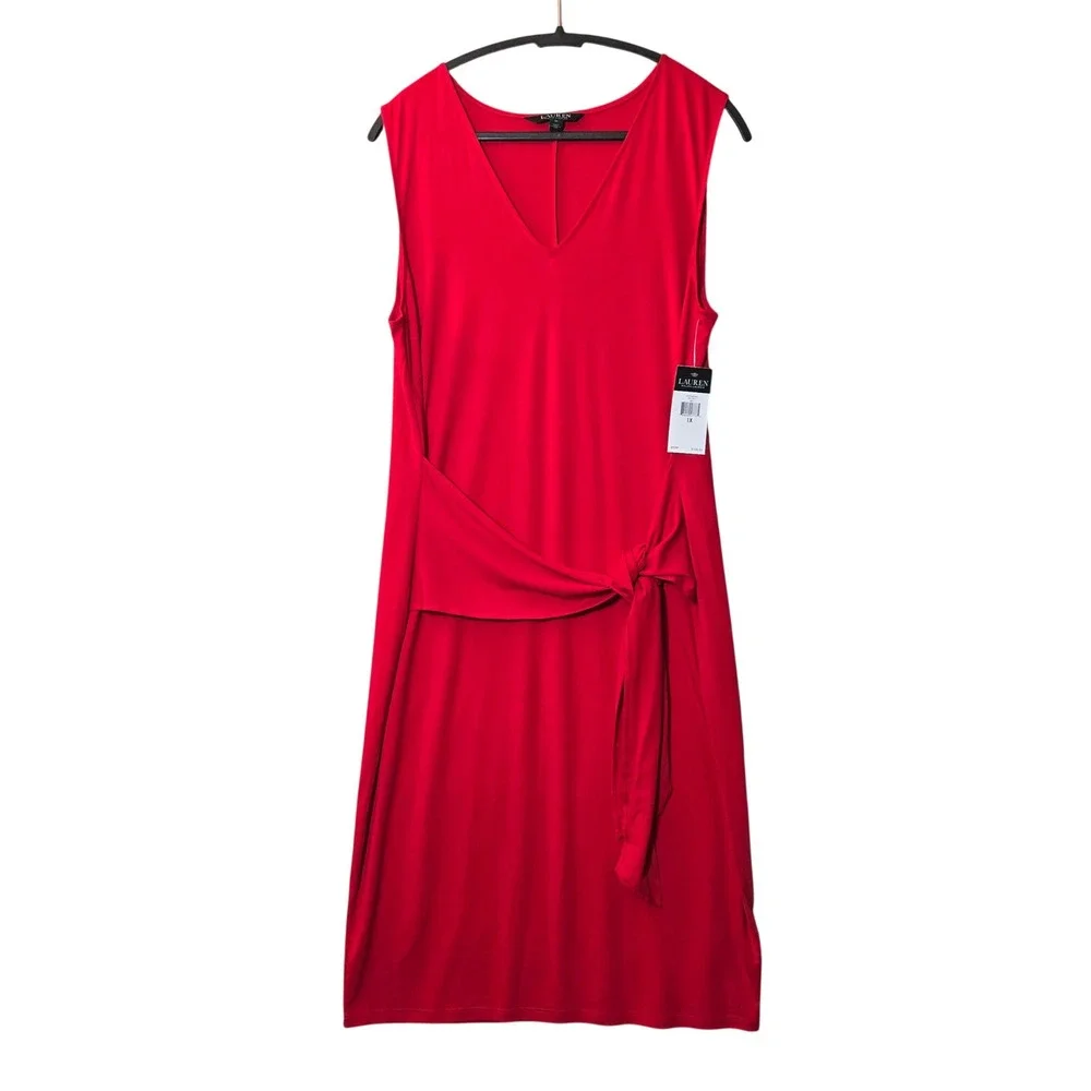 Lauren Ralph Lauren Tie-front sleeveless Jersey Sheath Dress Red 1X Minimalist - Picture 2 of 10